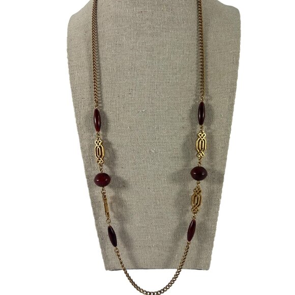 Vintage Sarah Coventry Gold Tone Brown Beaded Necklace Ornate Classic - Picture 7 of 7